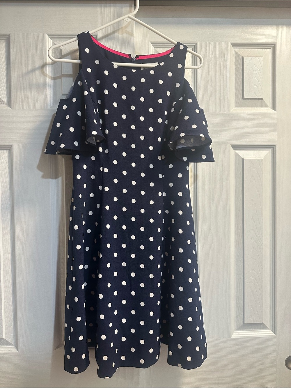 Eliza J Navy Polka Dot Cold-Shoulder Midi Dress with Pink Trim